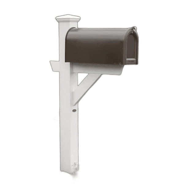 HOA-style white vinyl post mailbox in a landscaped California subdivision